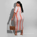 Stripe print lace up fashion plus size dress with stripe women clothing